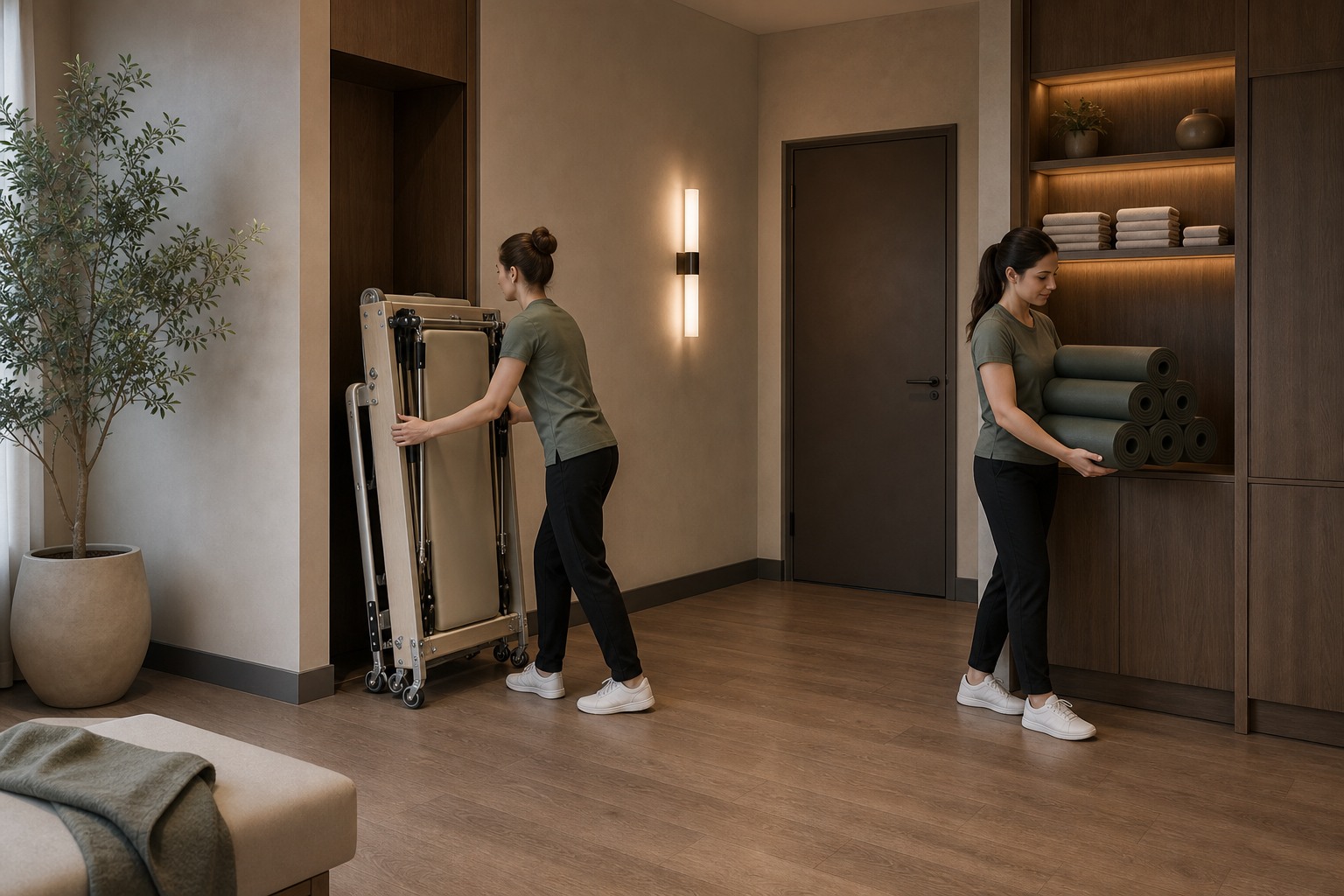 Команда перестраивает спокойный wellness-зал между массажным и групповым сценарием